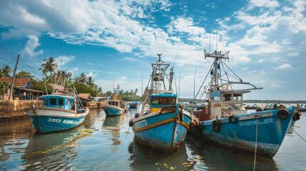 Obraz premium Beruwala, Sri Lanka - 10 February, 2017: Fishing boats stand in Beruwala Harbour, fish market in Bentota or Aluthgama area 