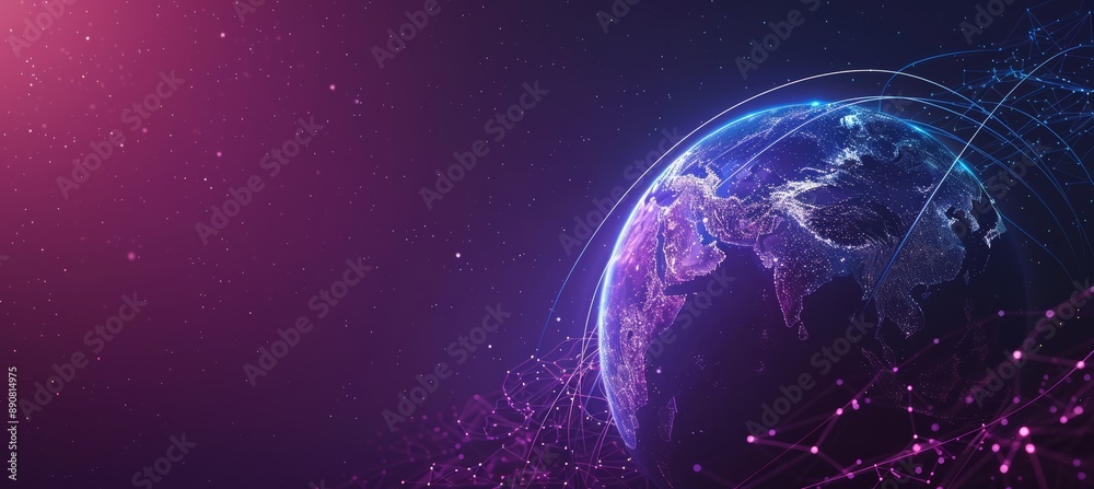Wall mural world globe with connected dots symbolizing global connection, communication and network. planet ear