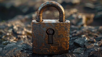 Rustic Old Padlock on Rocky Surface