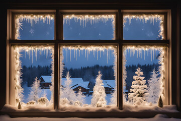 Snowy Winter Wonderland Window View, Cozy window decorated with snowflakes overlooking a serene winter landscape at sunset