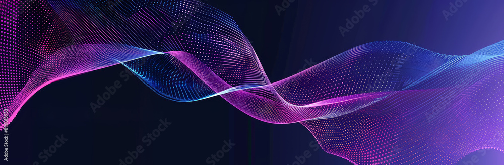 Wall mural abstract, elegant blue and purple waves on dark background with empty space for text. modern technol
