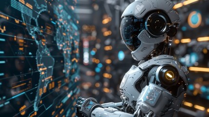 Fototapeta premium Futuristic Cybernetic Robot Analyzing Data