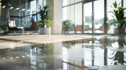 Wet floor in modern office lobby with reflections
