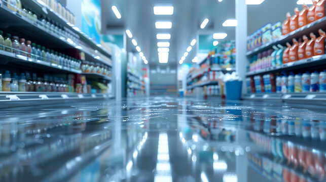 Reflective wet floor in grocery store aisle
