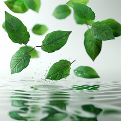 Fresh green leaves falling into water with splashes
