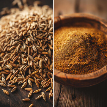 Whole cumin seeds and ground cumin in rustic bowls
