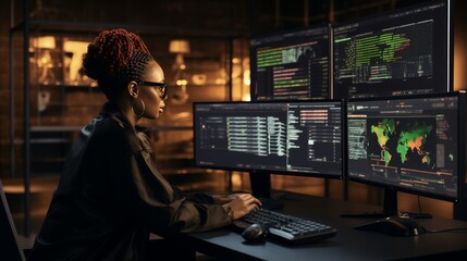 Ai cybersecurity analyst and black female it developer in dark office, generated by ai