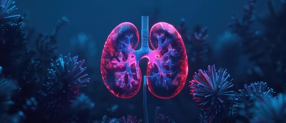 The kidneys importance illuminated in an ultramodern, supernatural scene, with copy space