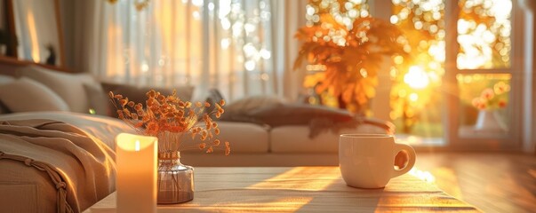 Cozy living room with warm sunlight streaming through window.