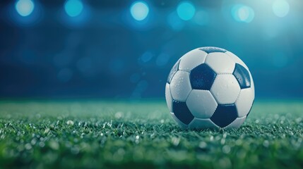 Fototapeta premium Illuminated Soccer Football in Night Stadium Closeup Shot, Sporting Event Intensity Under Floodlights