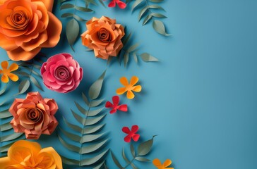 Colorful Paper Flowers and Green Leaves on Blue Background
