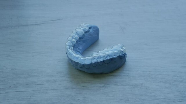 Aligner for teeth on the table. Aligners for correcting the position of the teeth of the upper or lower jaw. Mouth guard and model for human teeth.
