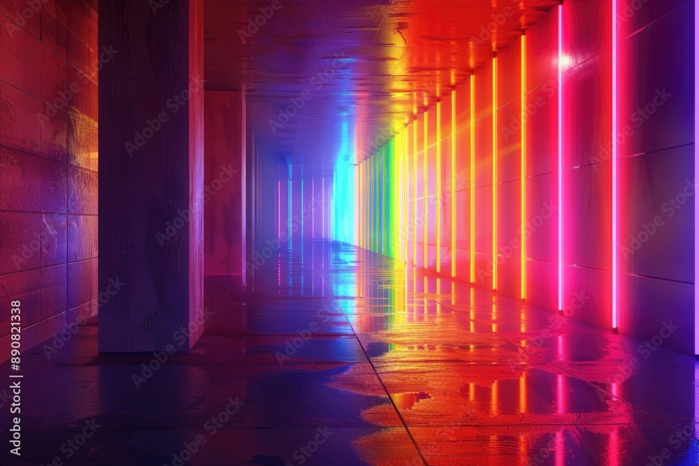 Poster a long hallway with many colorful lights, suitable for use in promotional materials or as a backgrou