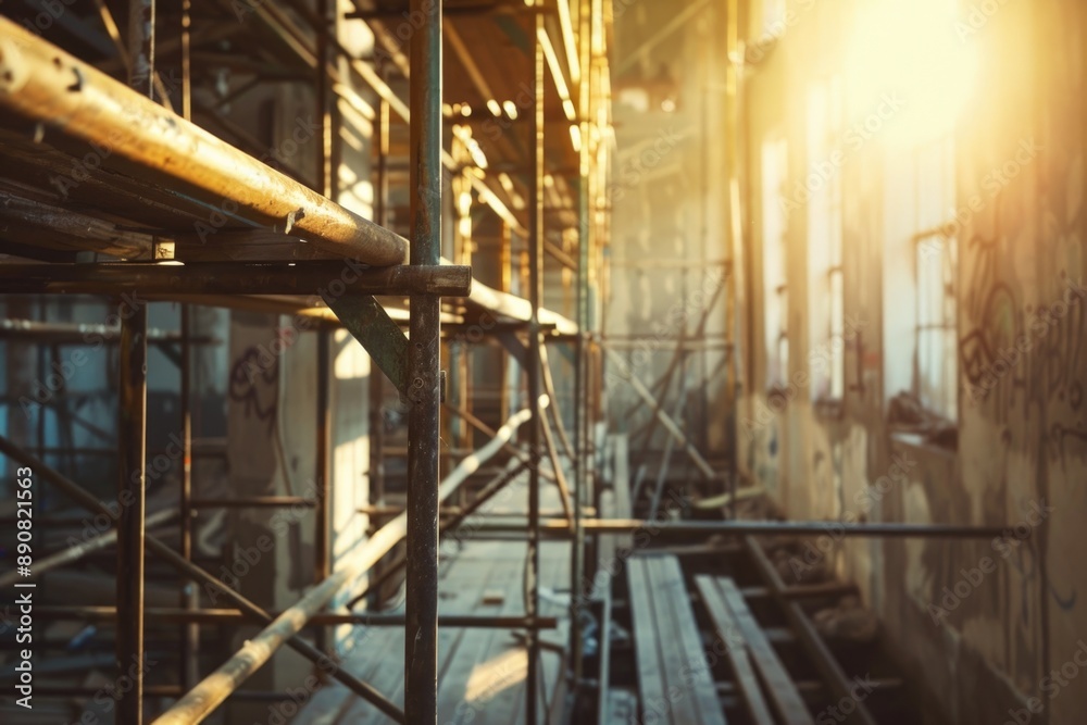 Poster A construction site with scaffolding and sunlight shining through the window, great for business or architecture-related content
