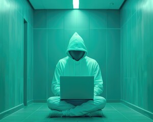 Digital Underground Secrets, Hooded Figure Engaged in Hacking on Laptop in Dark Room