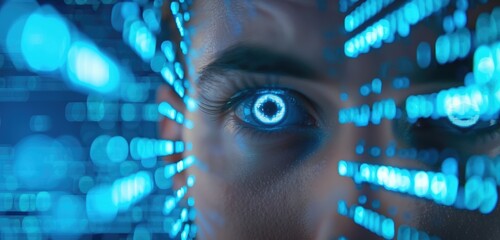 A face in a blue light with a blue eye in futuristic cyber security data network and technological science concept