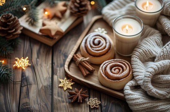 Cozy Winter Scene With Cinnamon Rolls, Candles, and Pine - Powered by Adobe