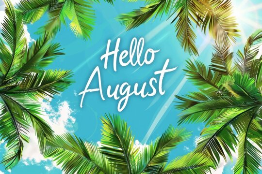 "Hello August", written in the middle of palm trees, summer vibes, sun light, green and blue colors, background with beach vibes Generative AI