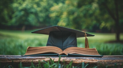 Graduation Cap on Open Book in Outdoors,

graduation