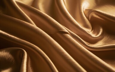 Fototapeta premium Luxurious golden silk fabric with flowing folds and ripples background.