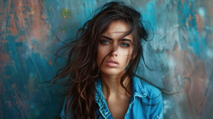 Fototapeta premium Disheveled Woman. Beautiful Confused Brunette with Blue Shirt against Colourful Background