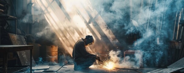 Smoke from a welding torch creates a fiery halo around the welder, highlighting his skilled artistry