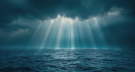 Fototapeta premium Light Beams Piercing Through Dark Clouds Over a Stormy Sea at Night