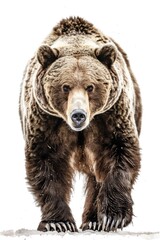 Fototapeta premium A large brown bear walks through a snowy field, offering a serene winter scene