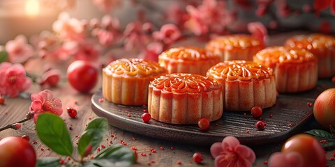 Traditional mooncakes for National Mooncake Festival, October 4th, ornate designs, festive table, cultural celebration