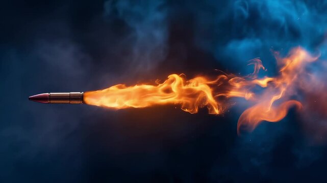 Single bullet flies against a dark blue background, leaving behind a pillar of fire and smoke. The concept of hostilities.