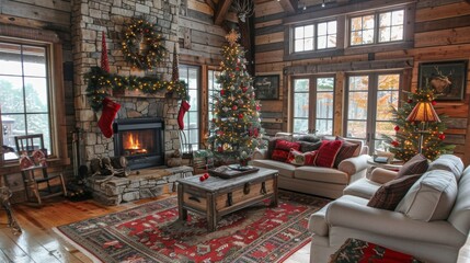 Fototapeta premium Cozy Winter Cabin Decorated for Christmas