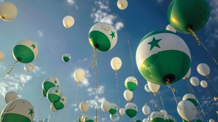 Fototapeta premium Green and white balloons in the sky, representing celebration, event, and festivity
