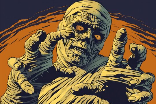 Mummy Cartoon. Vintage Egyptian Mother in Horror Movie Halloween Scene - Powered by Adobe