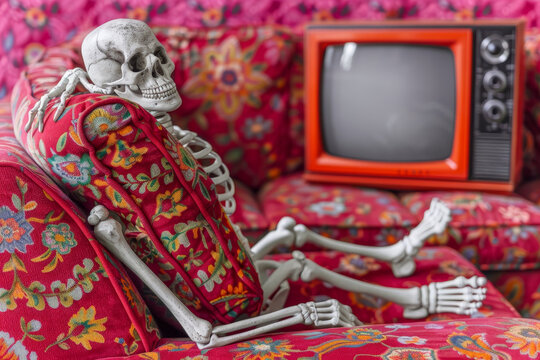 Skeleton on armchair watching vintage tv  media manipulation, propaganda, mind control, hypnosis