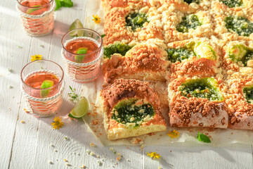 Sweet and delicious gooseberry cake as summer dessert.