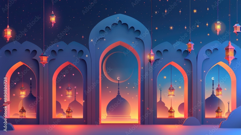 Poster A group of lanterns hanging from the ceiling of a mosque, with intricate details and soft lighting