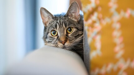 Obraz premium portrait of a cat peek from behind a sofa