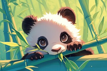 A cartoon giant panda munching on bamboo in a protected sanctuary, highlighting successful breeding programs , super detailed
