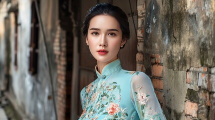 Fototapeta premium Vietnamese woman in floral ao dai for vogue close up shoot at hanoi s old street
