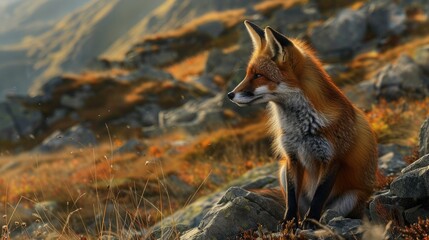 Fototapeta premium Fox Mountains. A Fox in the Wild Among Rocks and Grass in a Natural Setting