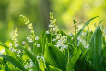 Obraz premium May Lily-Of-The-Valley: White Spring Flowers in Wild Green Meadow