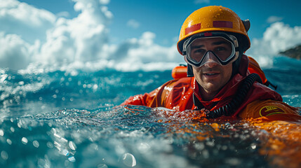 A telephoto angle photo capturing a lifeguard performing a rescue drill with a dummy in the ocean, demonstrating proper techniques, with copy space