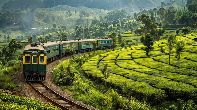 Train travels through the tea plantation at Hatton, Sri Lanka 