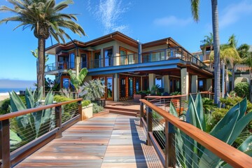 Fototapeta premium Beach Front Home. Stunning Luxury Architecture Design with Wooden Ent on Coastal City Bridge