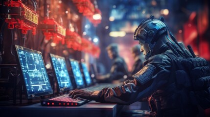 Army soldier using ai for weapons and cyber threat analysis in military operations