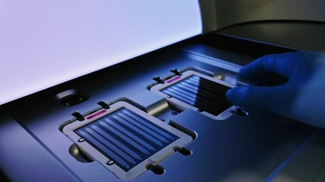 DNA sequencer. Gloved hand is handling flow cell with multiple lanes for DNA samples placed inside sequencer, prepared for sequencing. High-tech laboratory environment, genetic analysis and research
