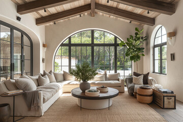 Fototapeta premium Cozy modern living room with arched steel doorways, windows and French doors