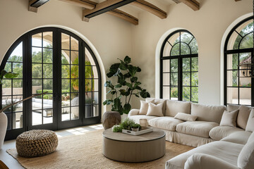 Cozy modern living room with arched steel doorways, windows and French doors