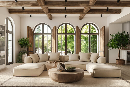 Cozy modern living room with arched steel doorways, windows and French doors