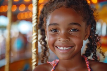 Young Girl Smiles On Carousel Ride At Amusement Park